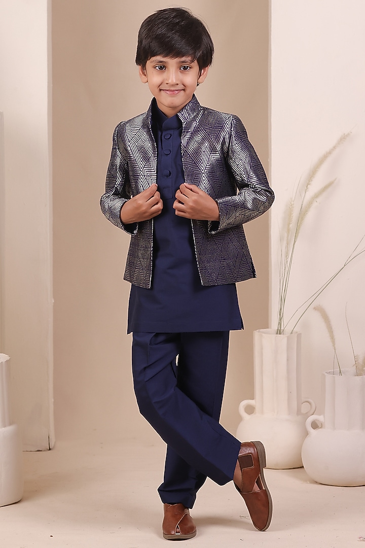 Navy Blue Handwoven Tussar Bandhgala Set For Boys by All Boy Couture at Pernia's Pop Up Shop