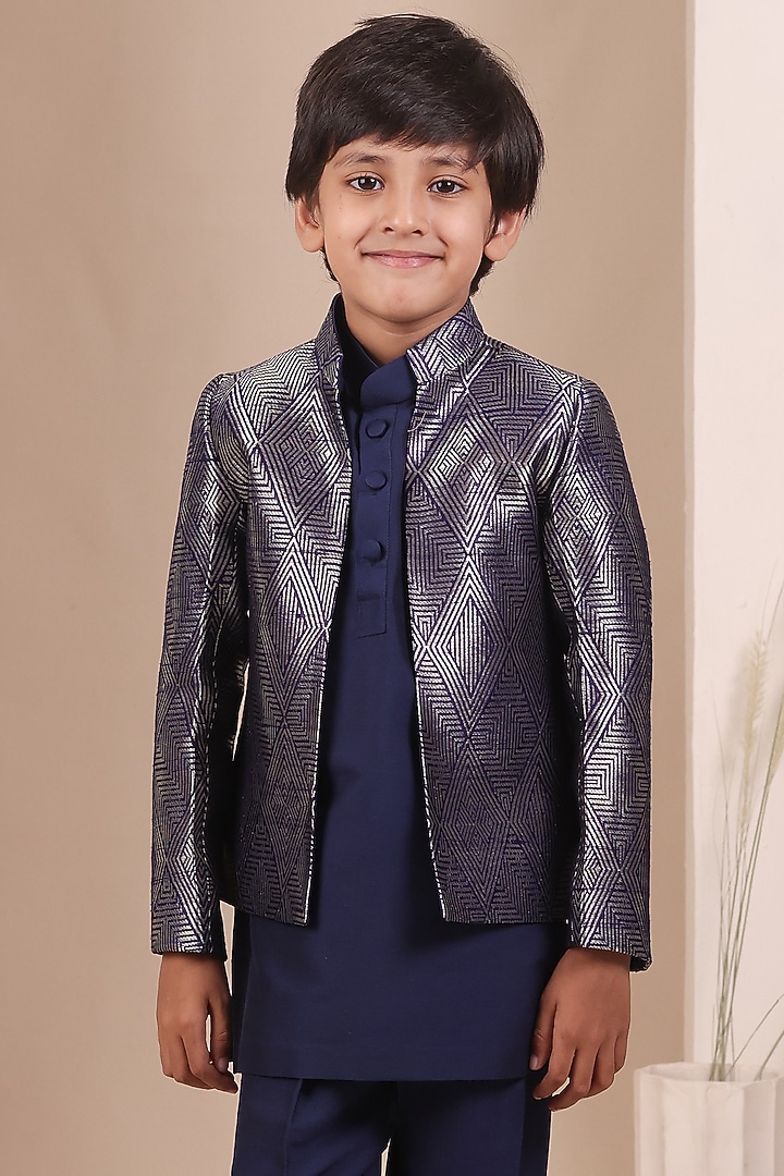 Navy Blue Handwoven Tussar Bandhgala Set For Boys by All Boy Couture at Pernia's Pop Up Shop