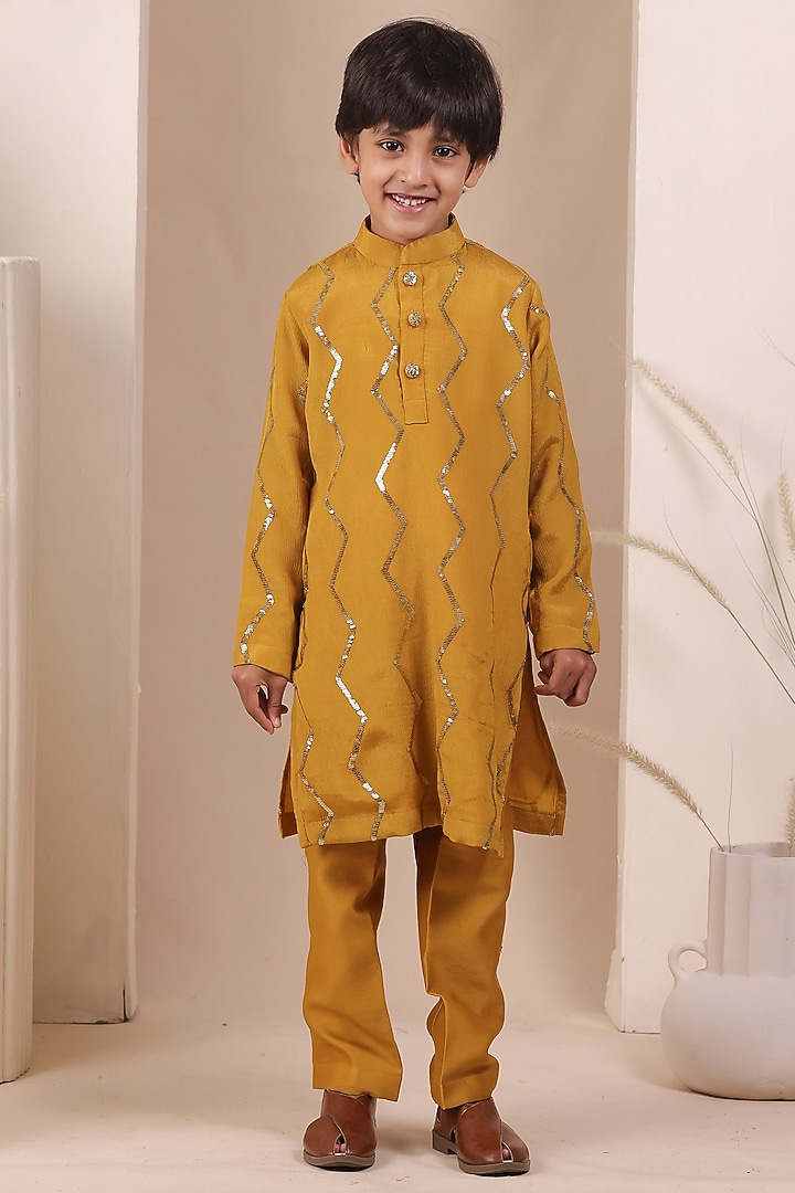 Yellow Chinon Sequin Embroidered Kurta Set For Boys by All Boy Couture at Pernia's Pop Up Shop