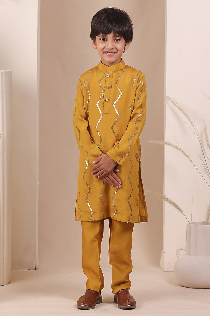 Yellow Chinon Sequin Embroidered Kurta Set For Boys by All Boy Couture at Pernia's Pop Up Shop