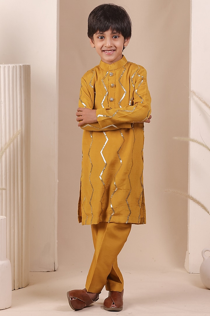 Yellow Chinon Sequin Embroidered Kurta Set For Boys by All Boy Couture at Pernia's Pop Up Shop