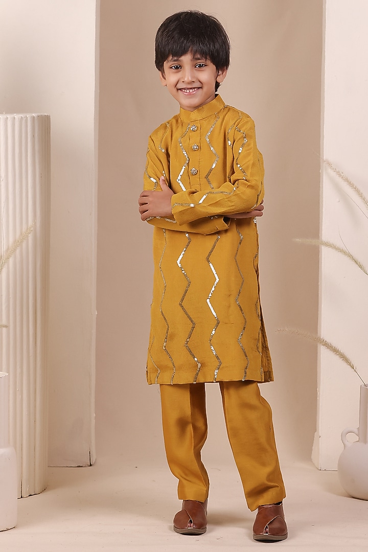 Yellow Chinon Sequin Embroidered Kurta Set For Boys by All Boy Couture at Pernia's Pop Up Shop