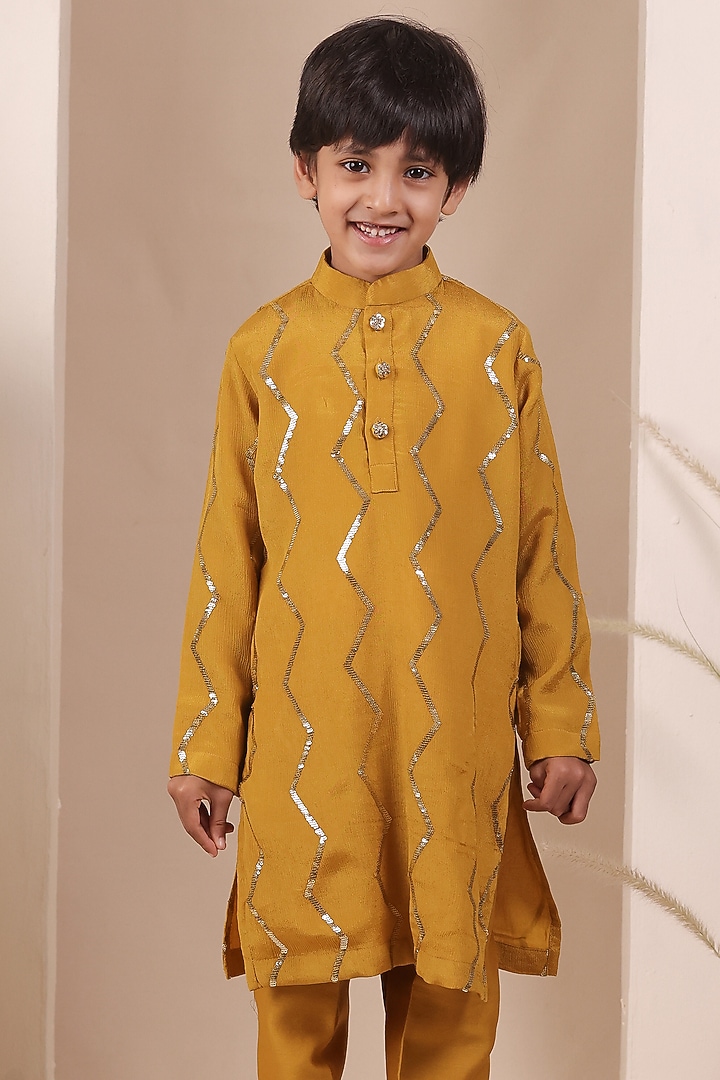 Yellow Chinon Sequin Embroidered Kurta Set For Boys by All Boy Couture at Pernia's Pop Up Shop