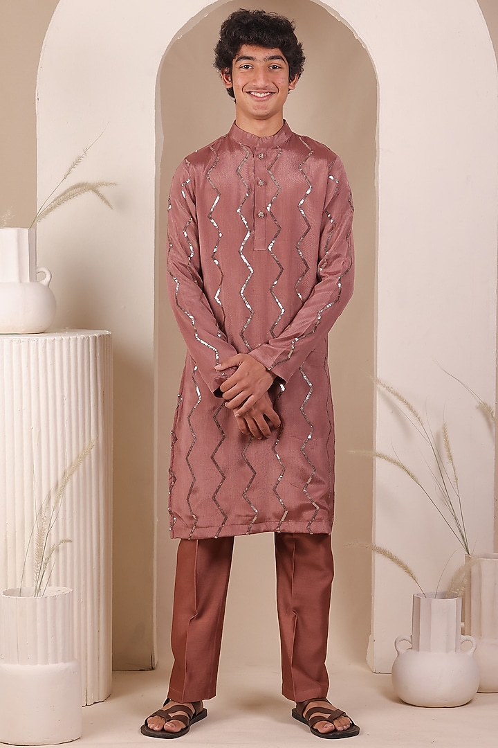 Coral Chinon Sequin Embroidered Kurta Set For Boys by All Boy Couture at Pernia's Pop Up Shop