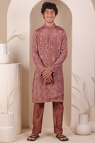 Coral Chinon Sequin Embroidered Kurta Set For Boys by All Boy Couture