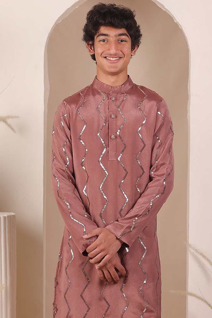 Coral Chinon Sequin Embroidered Kurta Set For Boys by All Boy Couture at Pernia's Pop Up Shop