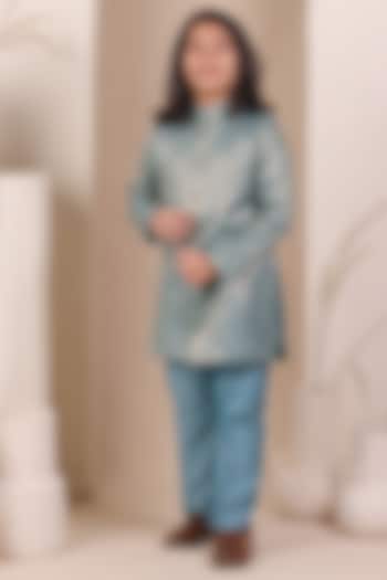 Blue Chanderi Silk Zari Striped Kurta Set For Boys by All Boy Couture at Pernia's Pop Up Shop