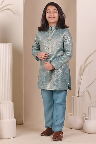 Blue Chanderi Silk Zari Striped Kurta Set For Boys by All Boy Couture