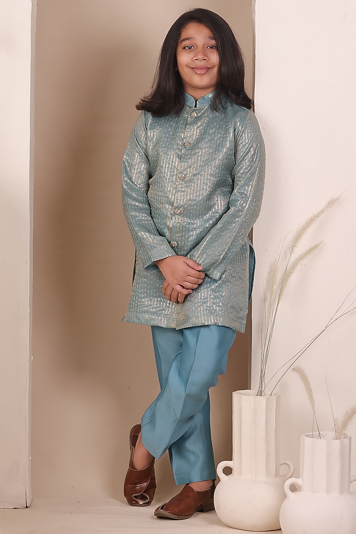 Blue Chanderi Silk Zari Striped Kurta Set For Boys by All Boy Couture at Pernia's Pop Up Shop