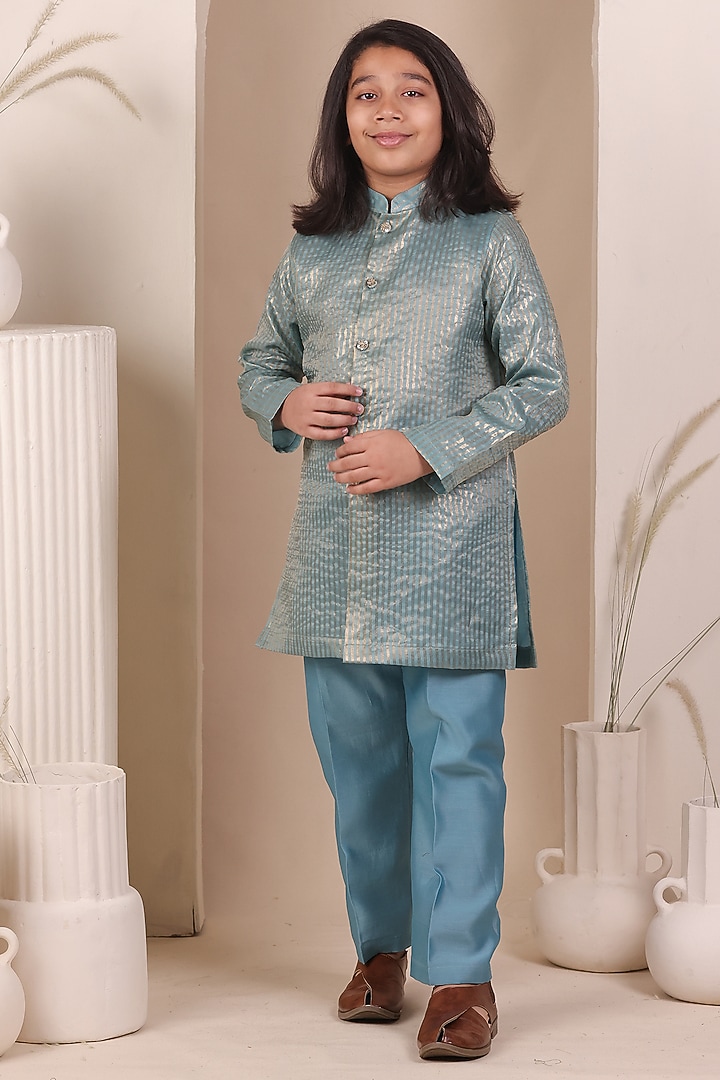 Blue Chanderi Silk Zari Striped Kurta Set For Boys by All Boy Couture at Pernia's Pop Up Shop