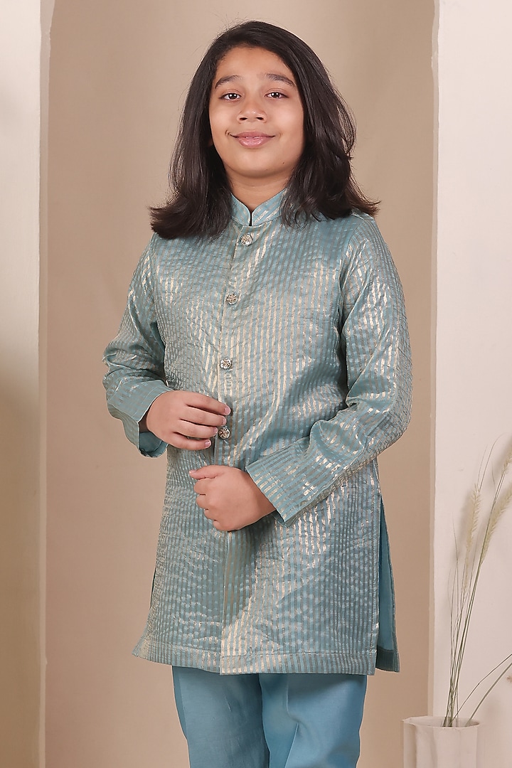 Blue Chanderi Silk Zari Striped Kurta Set For Boys by All Boy Couture at Pernia's Pop Up Shop