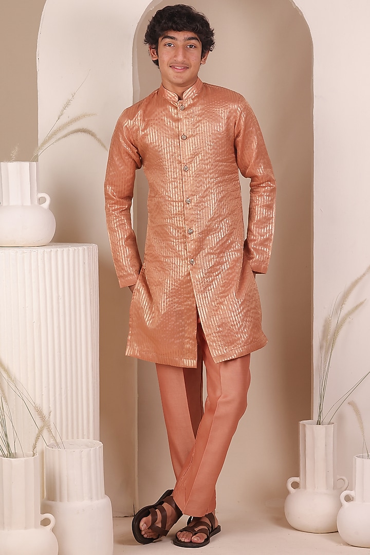 Peach Chanderi Silk Zari Striped Kurta Set For Boys by All Boy Couture at Pernia's Pop Up Shop