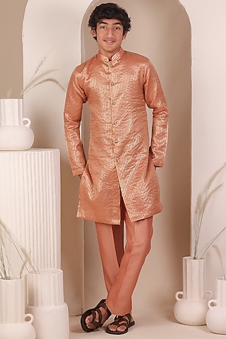 Peach Chanderi Silk Zari Striped Kurta Set For Boys by All Boy Couture
