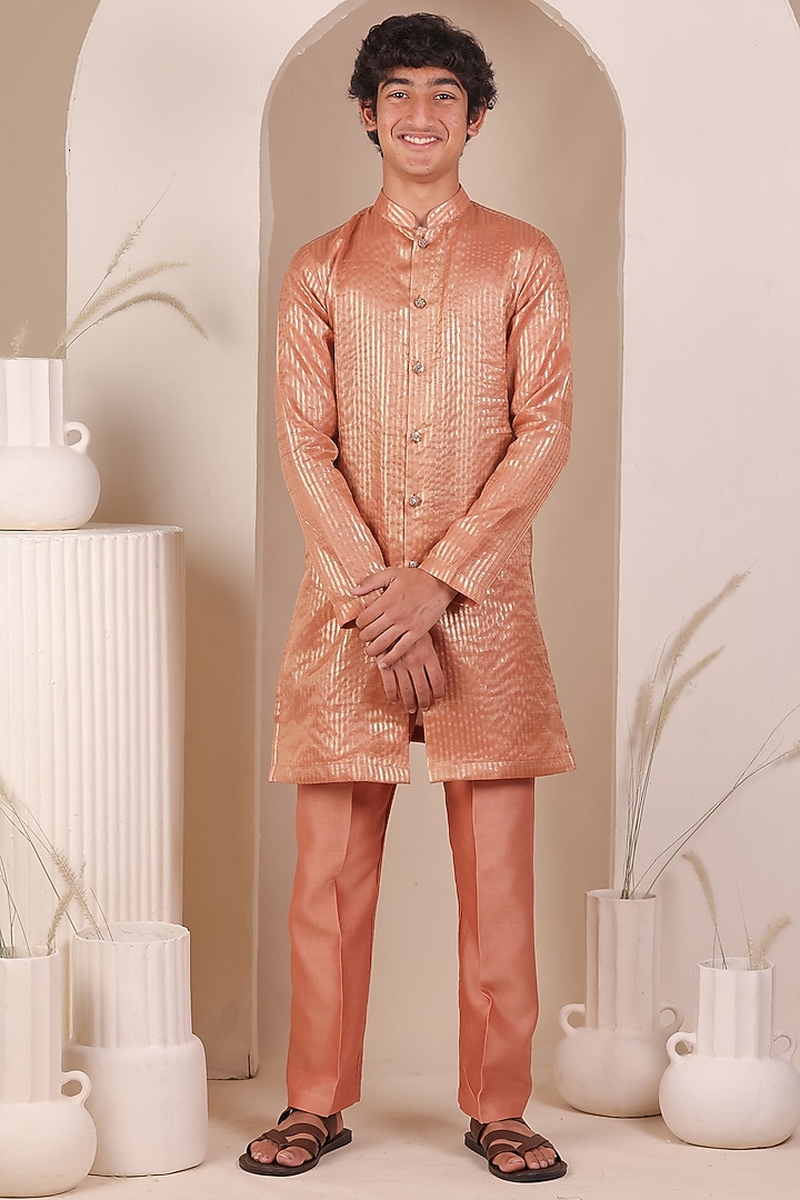 Peach Chanderi Silk Zari Striped Kurta Set For Boys by All Boy Couture at Pernia's Pop Up Shop