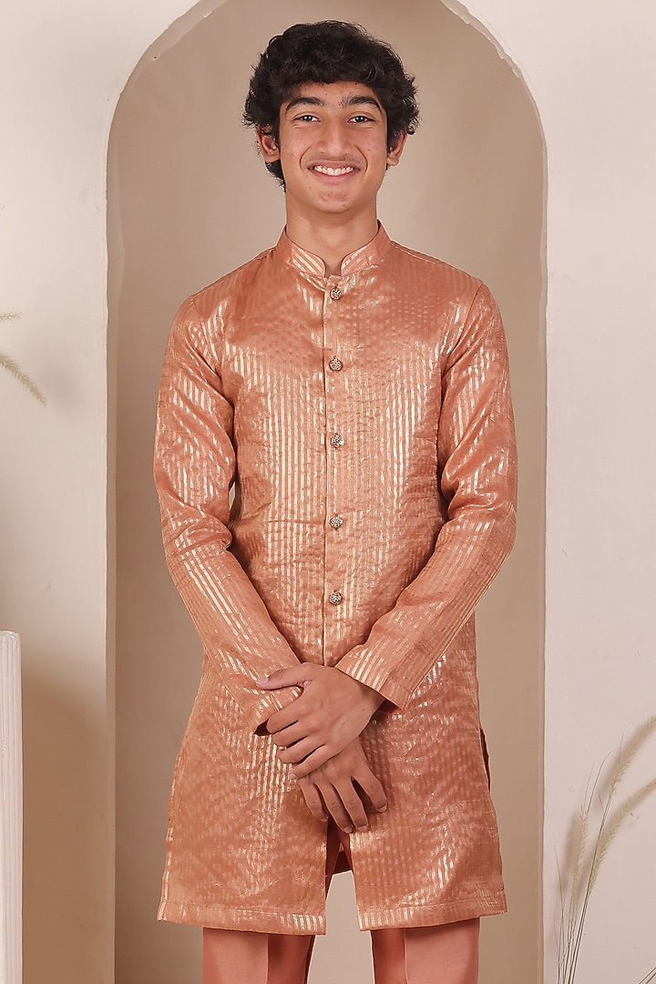 Peach Chanderi Silk Zari Striped Kurta Set For Boys by All Boy Couture at Pernia's Pop Up Shop