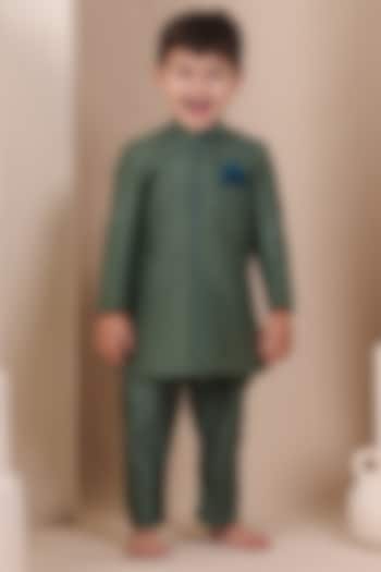 Green Moonga Silk Achkan Set For Boys by All Boy Couture at Pernia's Pop Up Shop