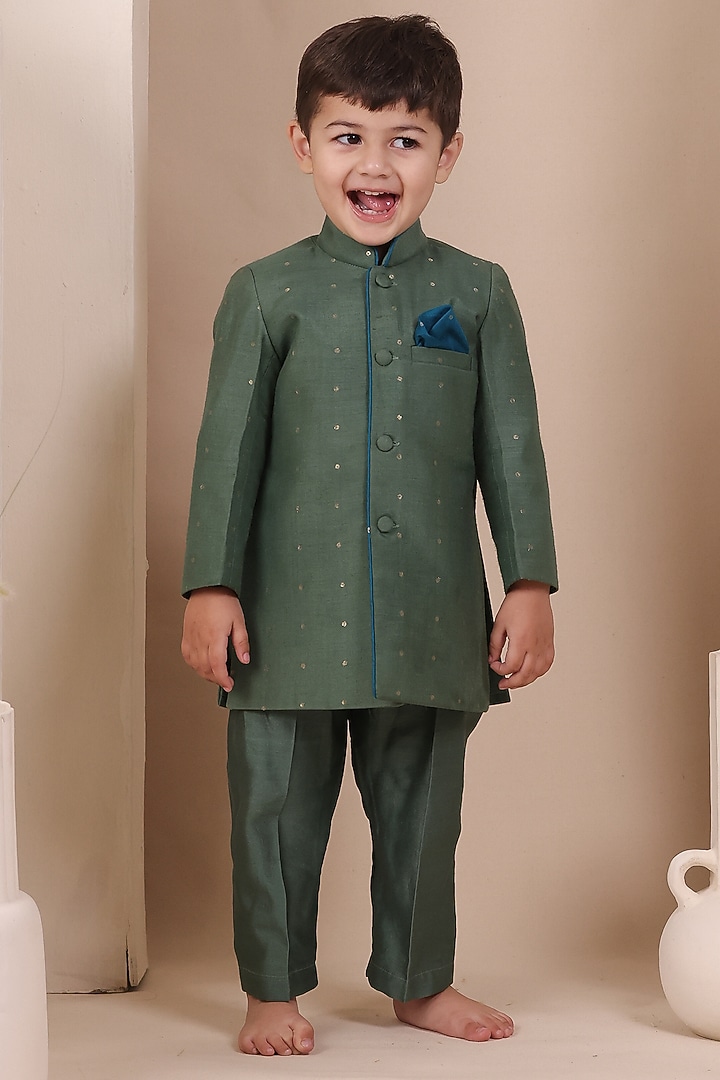 Green Moonga Silk Achkan Set For Boys by All Boy Couture at Pernia's Pop Up Shop