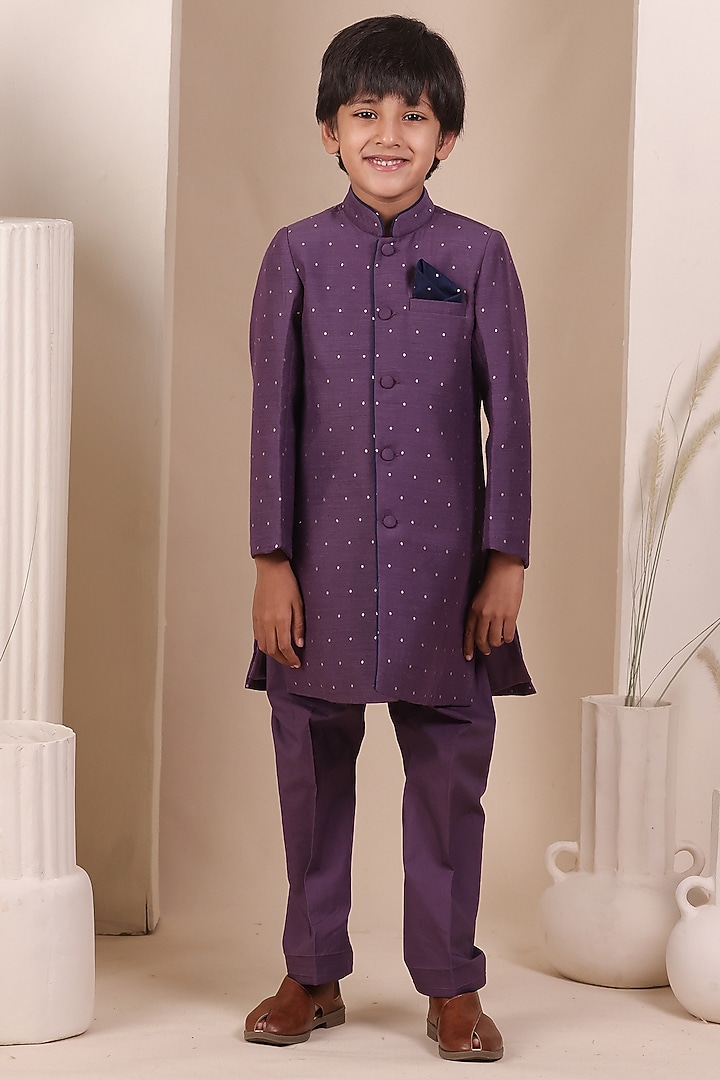Purple Moonga Silk Achkan Set For Boys by All Boy Couture at Pernia's Pop Up Shop
