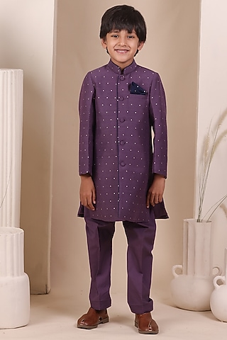 Purple Moonga Silk Achkan Set For Boys by All Boy Couture