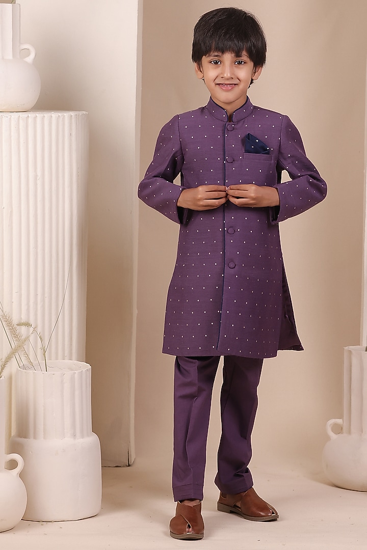 Purple Moonga Silk Achkan Set For Boys by All Boy Couture at Pernia's Pop Up Shop