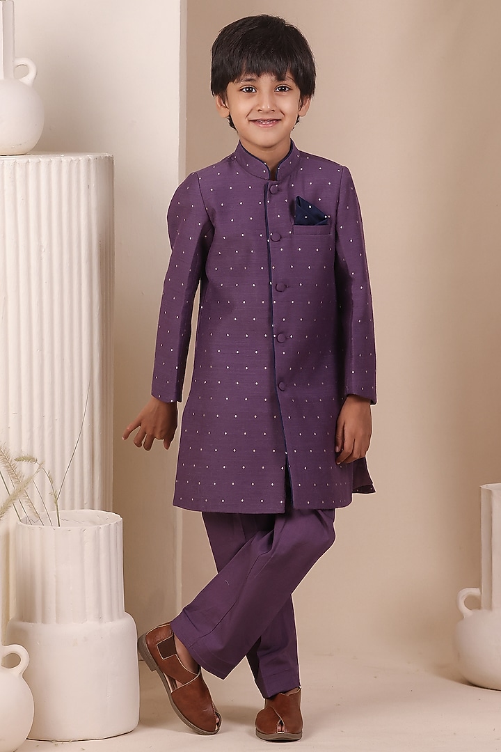 Purple Moonga Silk Achkan Set For Boys by All Boy Couture at Pernia's Pop Up Shop