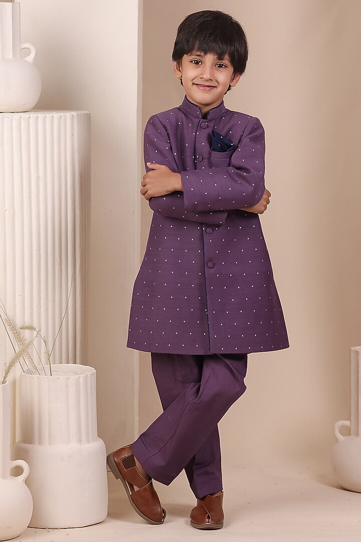 Purple Moonga Silk Achkan Set For Boys by All Boy Couture at Pernia's Pop Up Shop