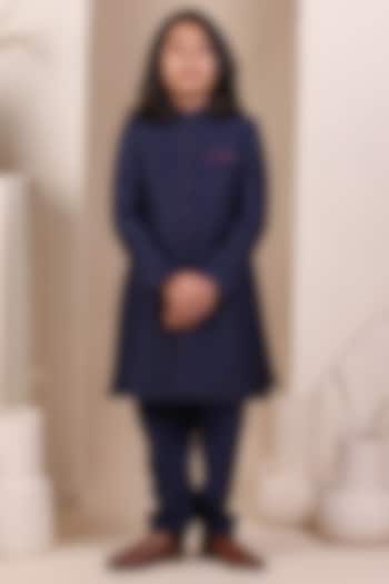 Navy Blue Moonga Silk Achkan Set For Boys by All Boy Couture at Pernia's Pop Up Shop