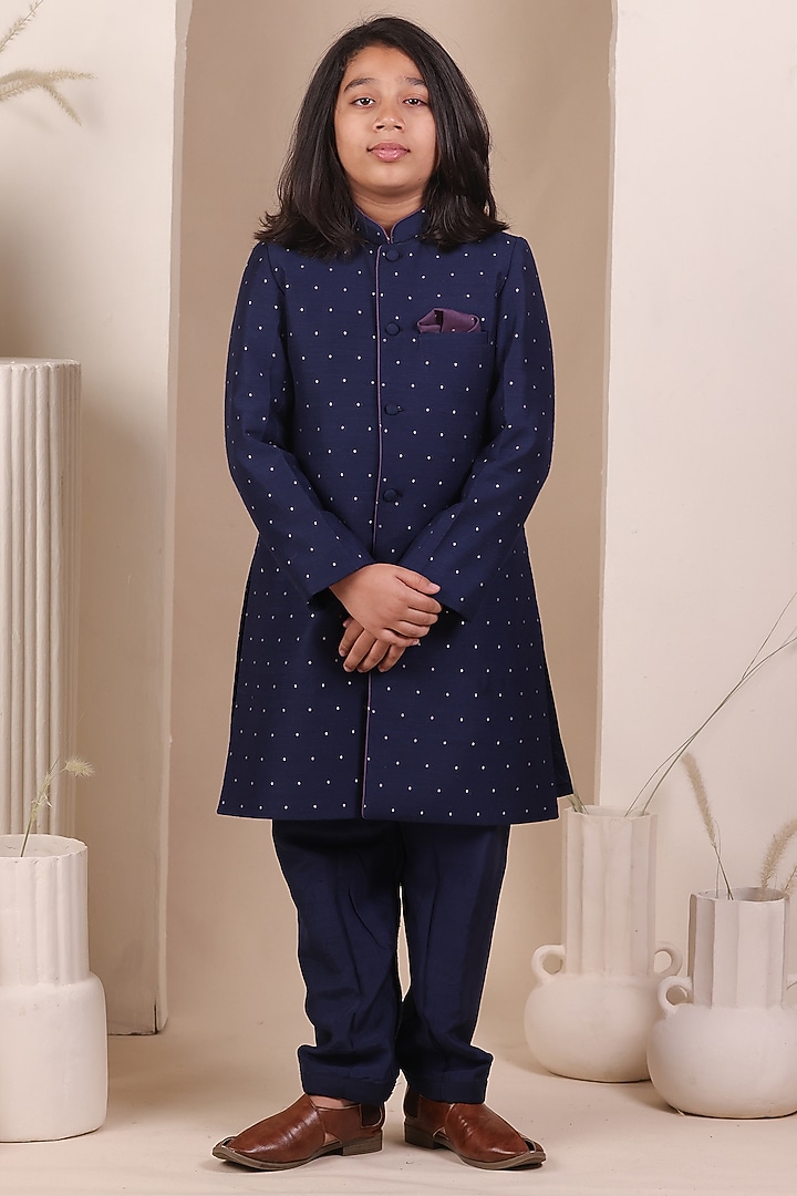 Navy Blue Moonga Silk Achkan Set For Boys by All Boy Couture at Pernia's Pop Up Shop