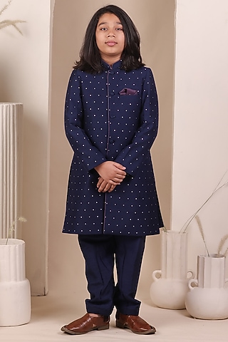 Navy Blue Moonga Silk Achkan Set For Boys by All Boy Couture