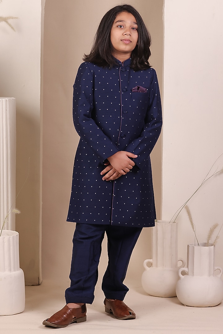 Navy Blue Moonga Silk Achkan Set For Boys by All Boy Couture at Pernia's Pop Up Shop