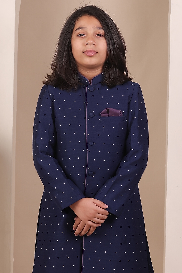 Navy Blue Moonga Silk Achkan Set For Boys by All Boy Couture at Pernia's Pop Up Shop