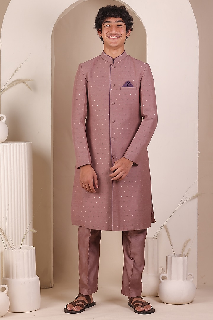Onion Pink Moonga Silk Achkan Set For Boys by All Boy Couture at Pernia's Pop Up Shop