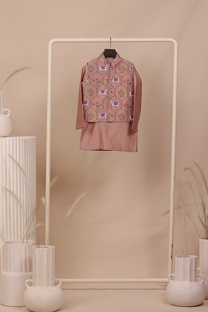 Old Rose Tissue Silk Thread Embroidered Nehru Jacket Set For Boys by All Boy Couture at Pernia's Pop Up Shop