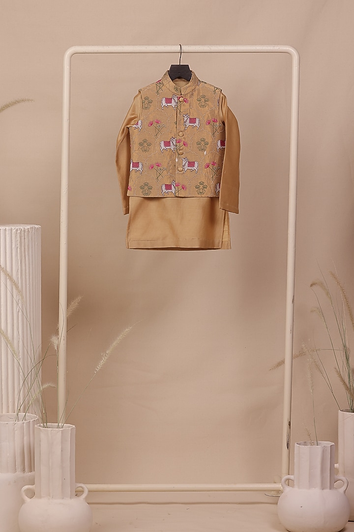 Beige Tissue Silk Thread Embroidered Nehru Jacket Set For Boys by All Boy Couture at Pernia's Pop Up Shop