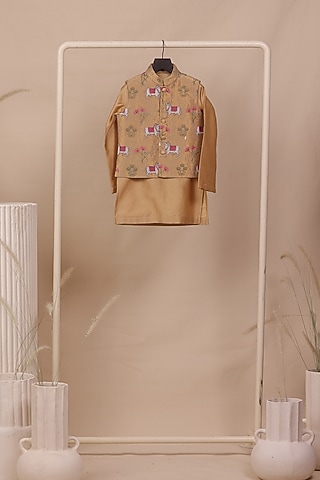 Beige Tissue Silk Thread Embroidered Nehru Jacket Set For Boys by All Boy Couture