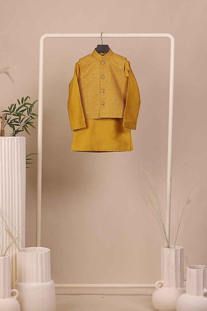 Yellow Tissue Silk Thread Embroidered Nehru Jacket Set For Boys by All Boy Couture at Pernia's Pop Up Shop