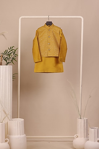 Yellow Tissue Silk Thread Embroidered Nehru Jacket Set For Boys by All Boy Couture