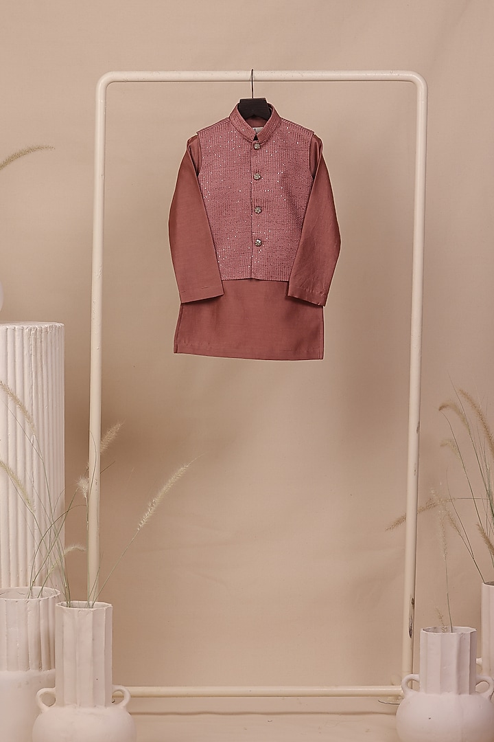 Coral Tissue Silk Thread Embroidered Nehru Jacket Set For Boys by All Boy Couture at Pernia's Pop Up Shop