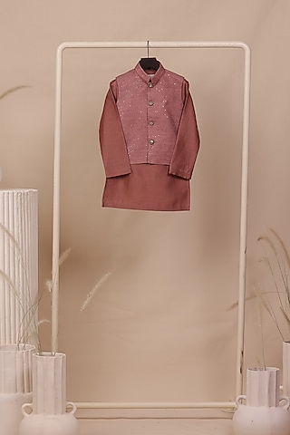 Coral Tissue Silk Thread Embroidered Nehru Jacket Set For Boys by All Boy Couture