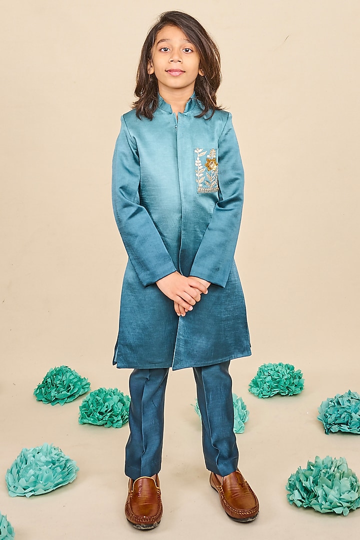 Blue Silk Satin Thread & Sequins Hand Work Ombre Achkan Kurta Set For Boys by All Boy Couture at Pernia's Pop Up Shop