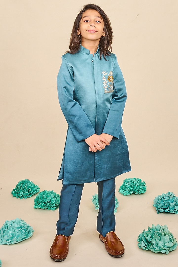 Blue Silk Satin Thread & Sequins Hand Work Ombre Achkan Kurta Set For Boys by All Boy Couture at Pernia's Pop Up Shop