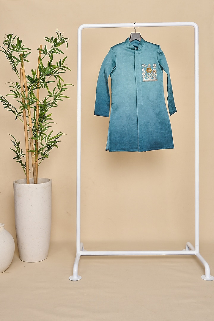 Blue Silk Satin Thread & Sequins Hand Work Ombre Achkan Kurta Set For Boys by All Boy Couture at Pernia's Pop Up Shop