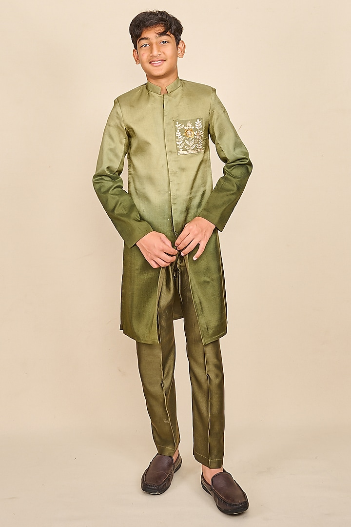 Olive Green Silk Satin Thread & Sequins Hand Work Ombre Achkan Kurta Set For Boys by All Boy Couture at Pernia's Pop Up Shop