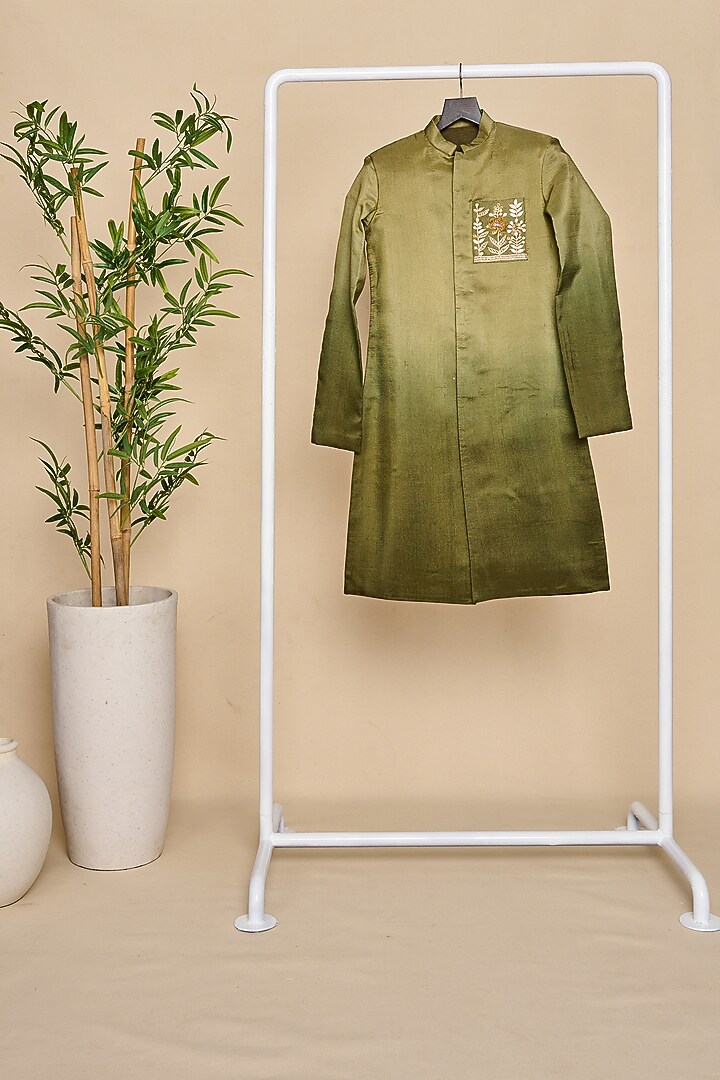 Olive Green Silk Satin Thread & Sequins Hand Work Ombre Achkan Kurta Set For Boys by All Boy Couture at Pernia's Pop Up Shop