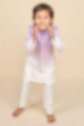 Lavender & White Silk Satin Ombre Bandhgala Set For Boys by All Boy Couture