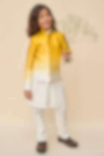 Yellow & White Silk Satin Ombre Bandhgala Set For Boys by All Boy Couture