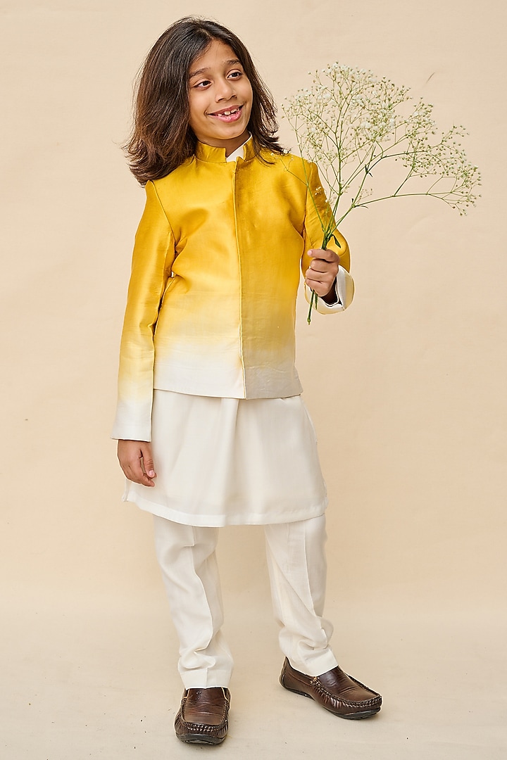 Yellow & White Silk Satin Ombre Bandhgala Set For Boys by All Boy Couture