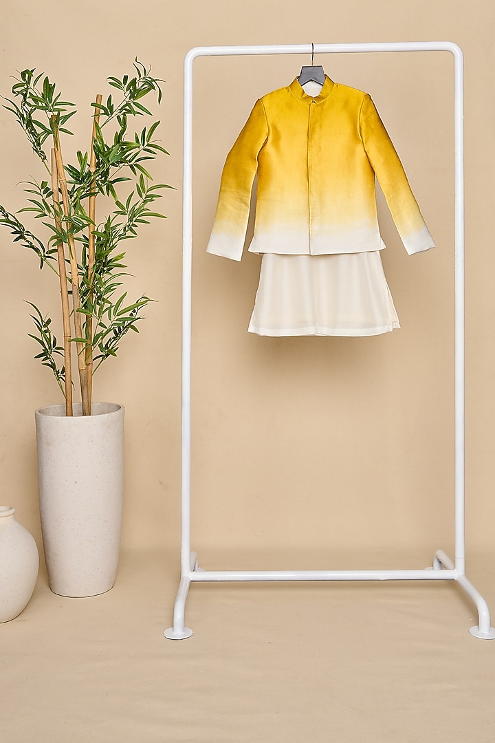 Yellow & White Silk Satin Ombre Bandhgala Set For Boys by All Boy Couture at Pernia's Pop Up Shop