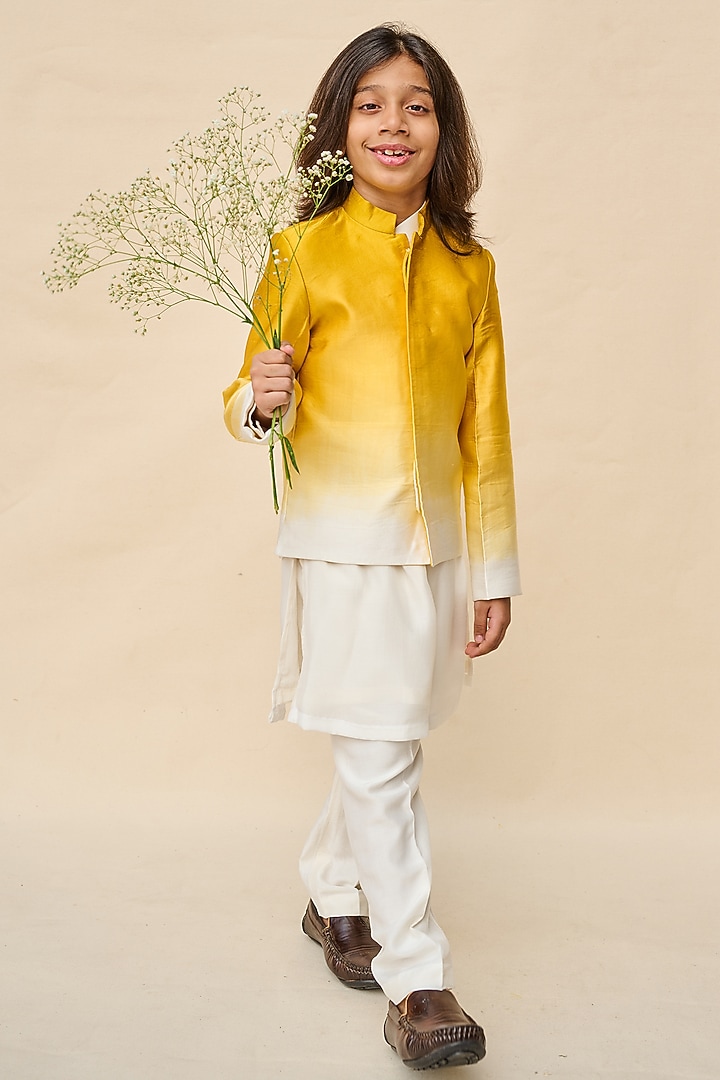 Yellow & White Silk Satin Ombre Bandhgala Set For Boys by All Boy Couture at Pernia's Pop Up Shop