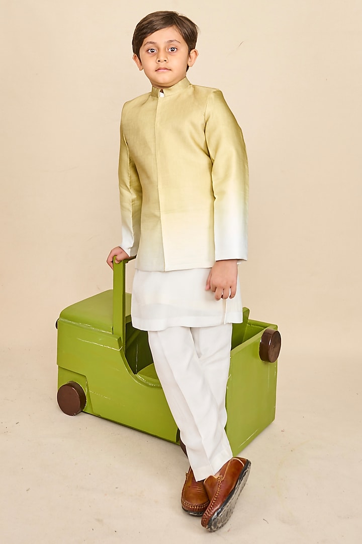 Olive Green & White Silk Satin Ombre Bandhgala Set For Boys by All Boy Couture